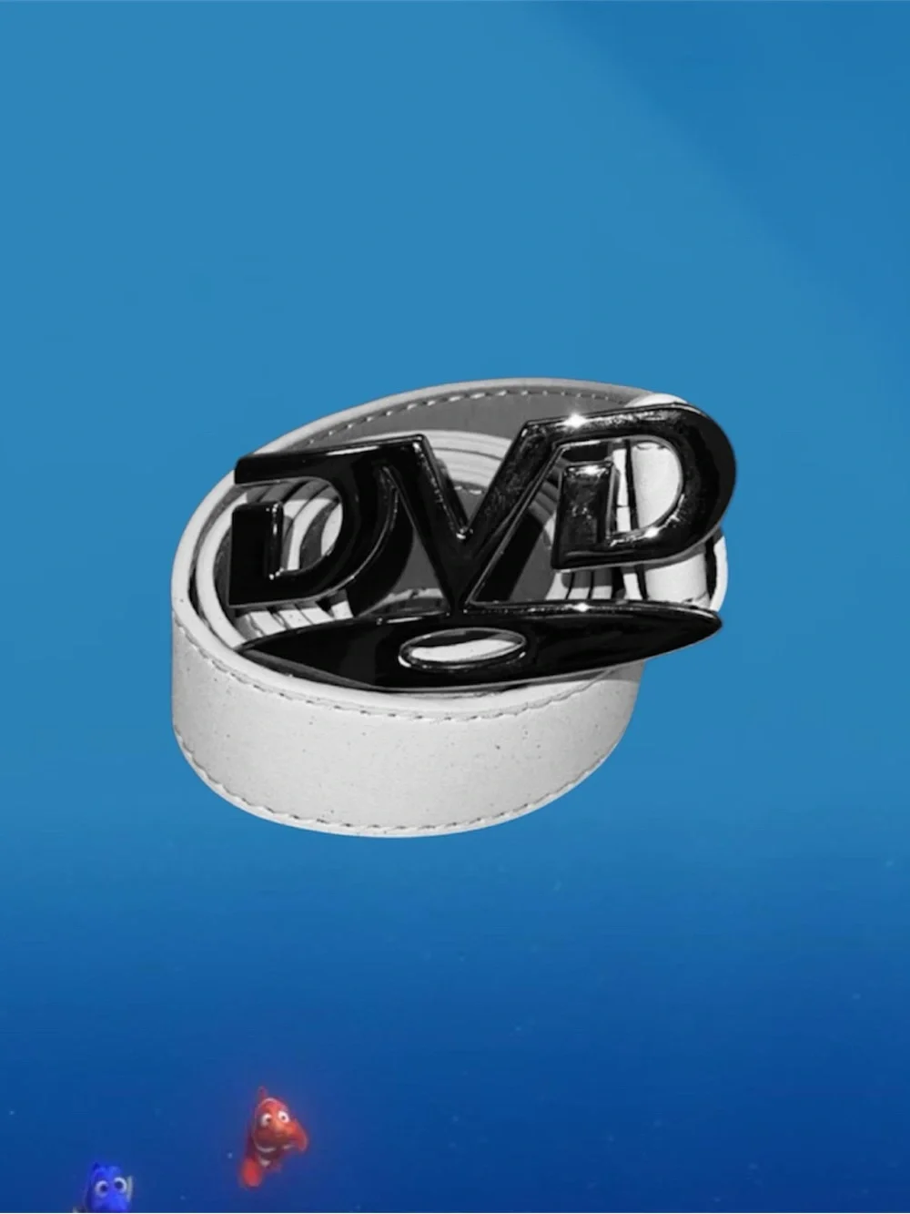 White Leather Belt with dvd logo belt